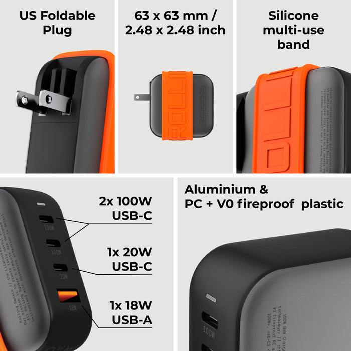 Essential GaN Charger - 100W power, 45% smaller - US - Compact 100W GaN charger with US foldable plug, orange silicone band, and multiple USB ports. - Rolling Square
