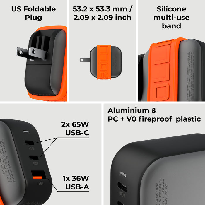 Essential GaN Charger - 65W power, 45% smaller - US - Compact black and orange Essential GaN charger with foldable US plug, silicone band, and multiple USB-C and USB-A ports. - Rolling Square