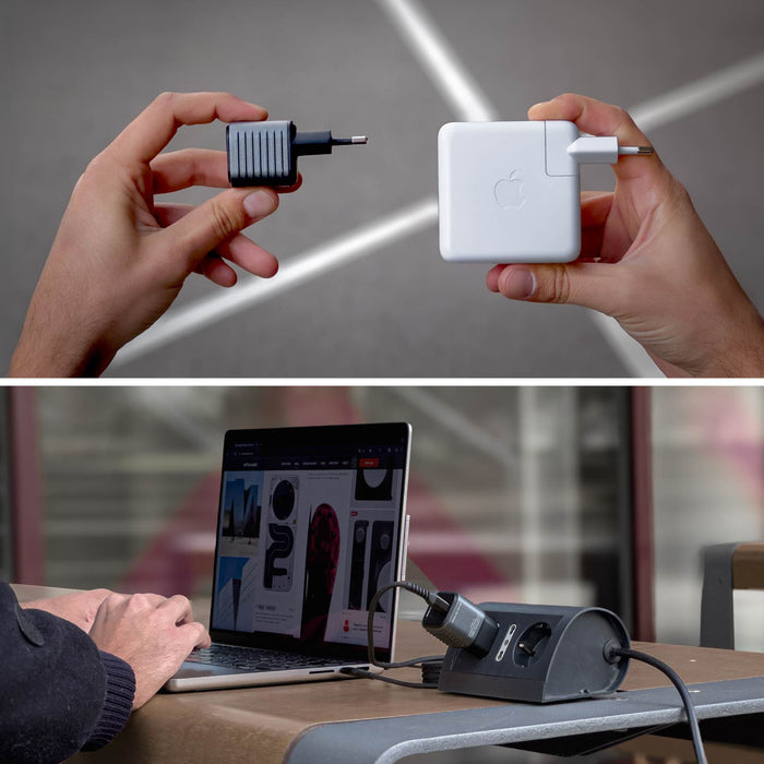 Supertiny 65W + Free 2in1 Cable (Bundle) - US - Compact 65W white USB-C charger and black EU plug adapter held in hands; laptop connected to charging station on desk. - Rolling Square