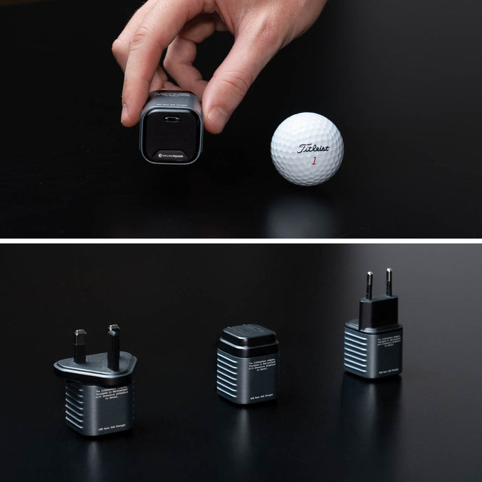 Supertiny 65W + Free 2in1 Cable (Bundle) - US - Compact black 65W charger with rounded edges shown next to golf ball for size comparison and three plug variants including. - Rolling Square