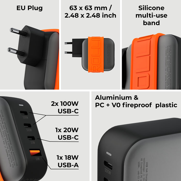 Essential GaN Charger - 100W power, 45% smaller - US - Compact black and orange 100W GaN charger with EU plug, silicone multi-use band, and multiple USB ports. - Rolling Square