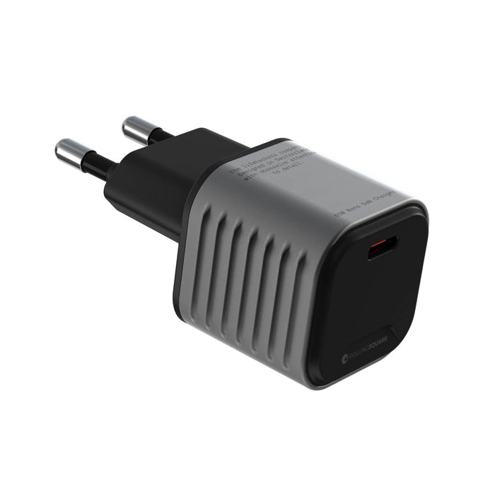Supertiny - The smallest 65W GaN Charger ever - US - Compact gray and black 65W GaN wall charger with EU plug and USB-C port. - Rolling Square