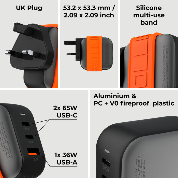Essential GaN Charger - 65W power, 45% smaller - US - Compact 65W GaN charger with UK plug, silicone multi-use band, and black aluminum body. - Rolling Square