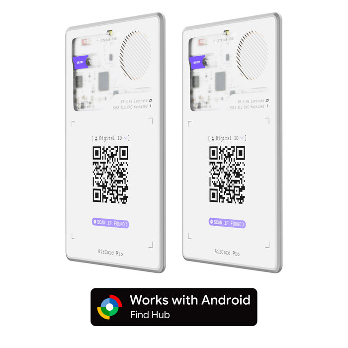 AirCard™ Pro - Android & Apple Bluetooth tracker - Black - Apple Network - Two slim white Bluetooth tracker cards with visible circuitry and QR codes, angled side by side on a white background. - Rolling Square