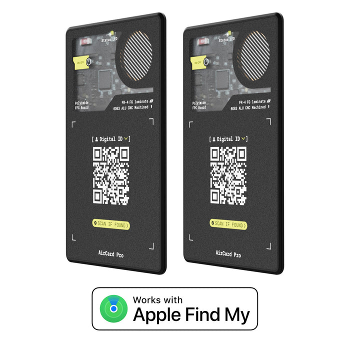 AirCard™ Pro - Android & Apple Bluetooth tracker - Black - Apple Network - Two sleek black AirCard Pro Bluetooth trackers with circuit design and QR codes, compatible with Apple Find My. - Rolling Square