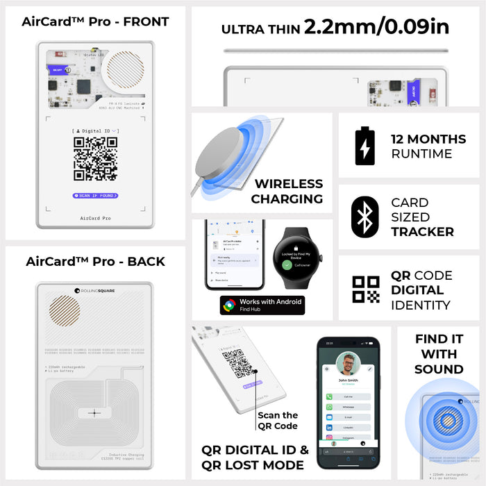 AirCard™ Pro - Android & Apple Bluetooth tracker - Black - Apple Network - White AirCard Pro Bluetooth tracker showing front with QR code and back with charging coil and label details. - Rolling Square
