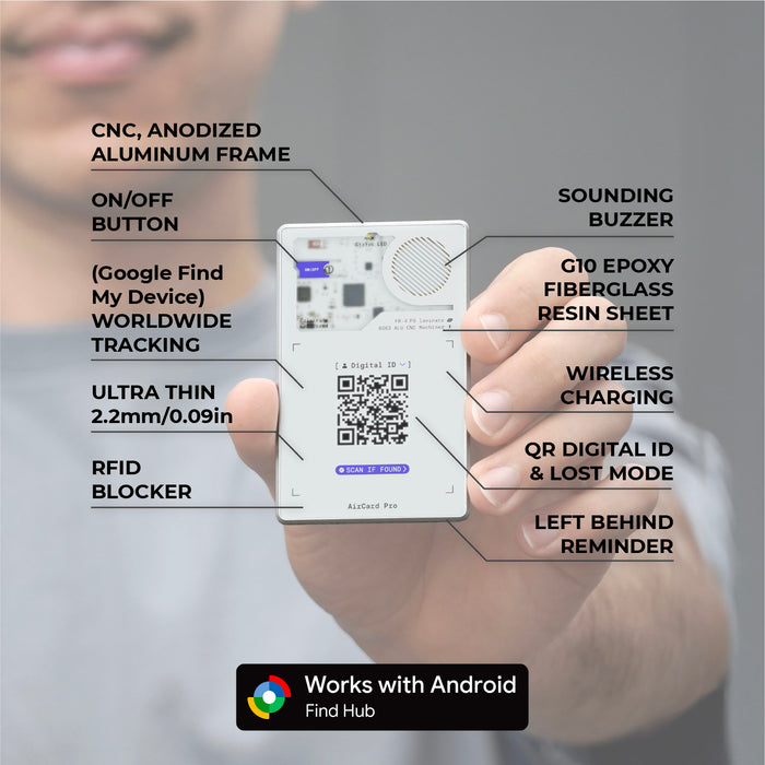 AirCard™ Pro - Android & Apple Bluetooth tracker - Black - Apple Network - Compact white Bluetooth tracker with QR code, labeled buttons, and a sleek aluminum frame. - Rolling Square