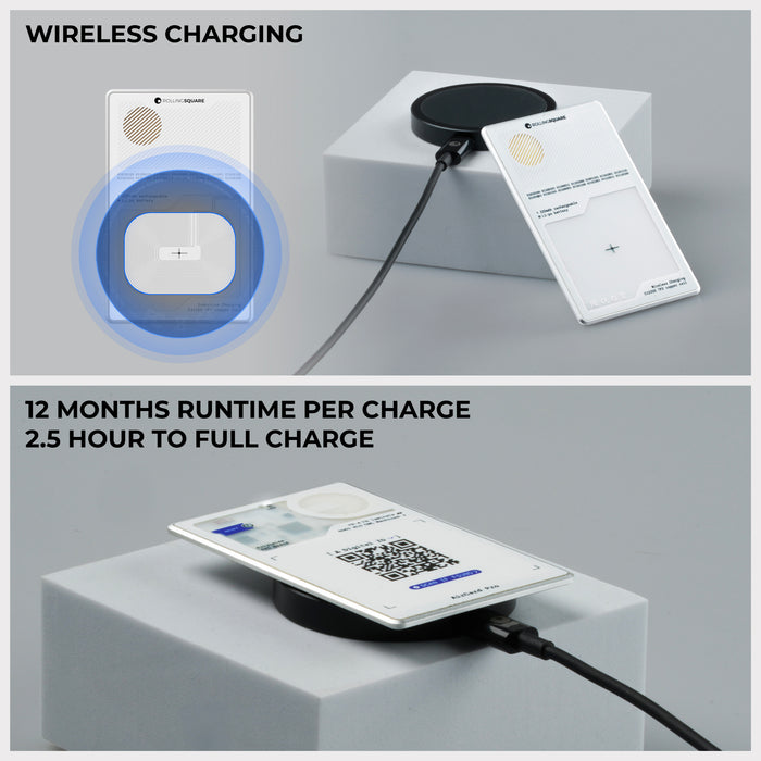 AirCard™ Pro - Android & Apple Bluetooth tracker - Black - Apple Network - White AirCard™ Pro Bluetooth tracker with wireless charging pad and smartphone on gray stands. - Rolling Square