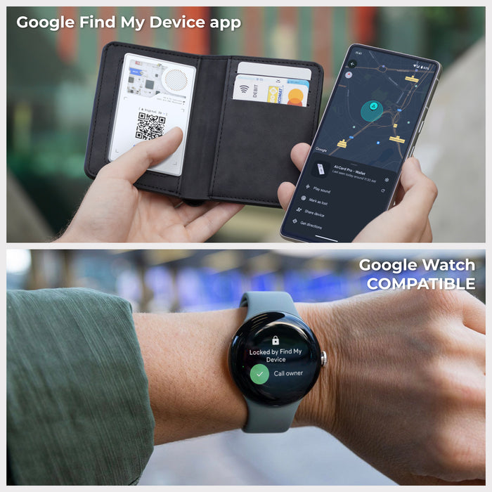 AirCard™ Pro - Android & Apple Bluetooth tracker - Black - Apple Network - Black leather wallet with slots holding AirCard Pro tracker and smartphone displaying tracking app, smartwatch showing. - Rolling Square