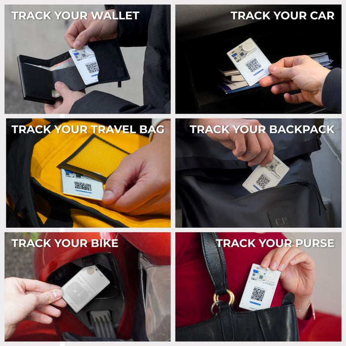 AirCard™ Pro - Android & Apple Bluetooth tracker - Black - Apple Network - Six close-up shots showing black and white AirCard Pro Bluetooth trackers attached inside a wallet, car, yellow travel bag,. - Rolling Square