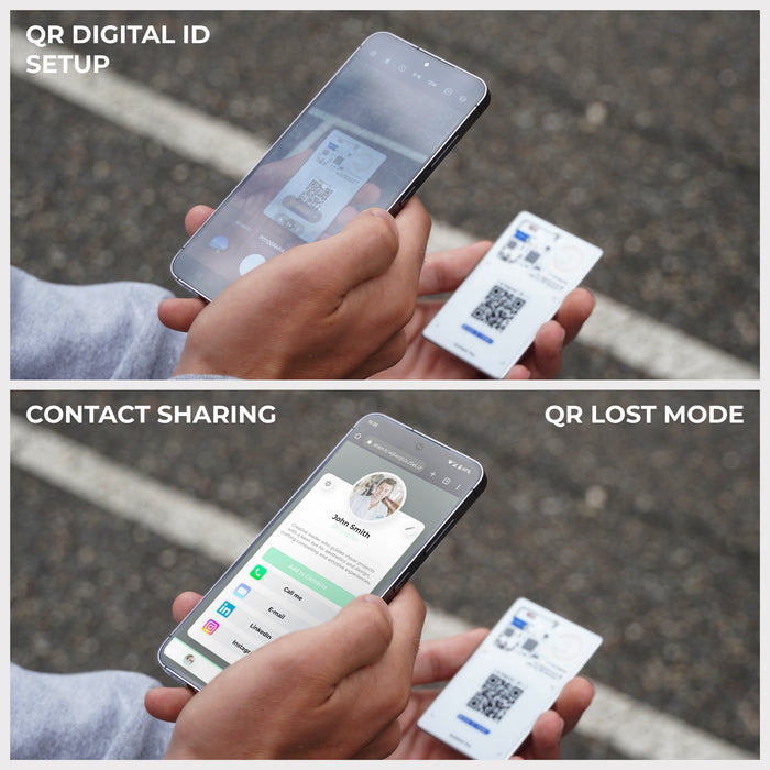 AirCard™ Pro - Android & Apple Bluetooth tracker - Black - Apple Network - Person holding black smartphone displaying QR digital ID setup and contact sharing screens next to a small white Bluetooth. - Rolling Square