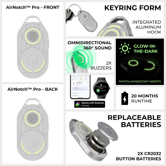 AirNotch™ Pro - Android & Apple Bluetooth tracker - Black - Apple Network - Compact AirNotch™ Pro Bluetooth tracker with integrated aluminum keyring, glow-in-the-dark feature, and replaceable CR2032. - Rolling Square