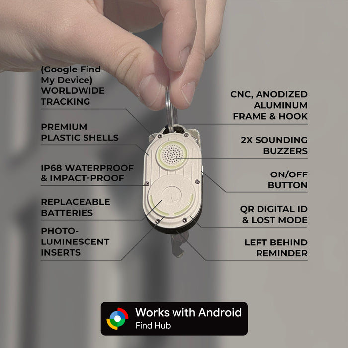 AirNotch™ Pro - Android & Apple Bluetooth tracker - Black - Apple Network - Compact AirNotch™ Pro Bluetooth tracker with anodized aluminum frame, keyring loop, and detailed feature labels. - Rolling Square