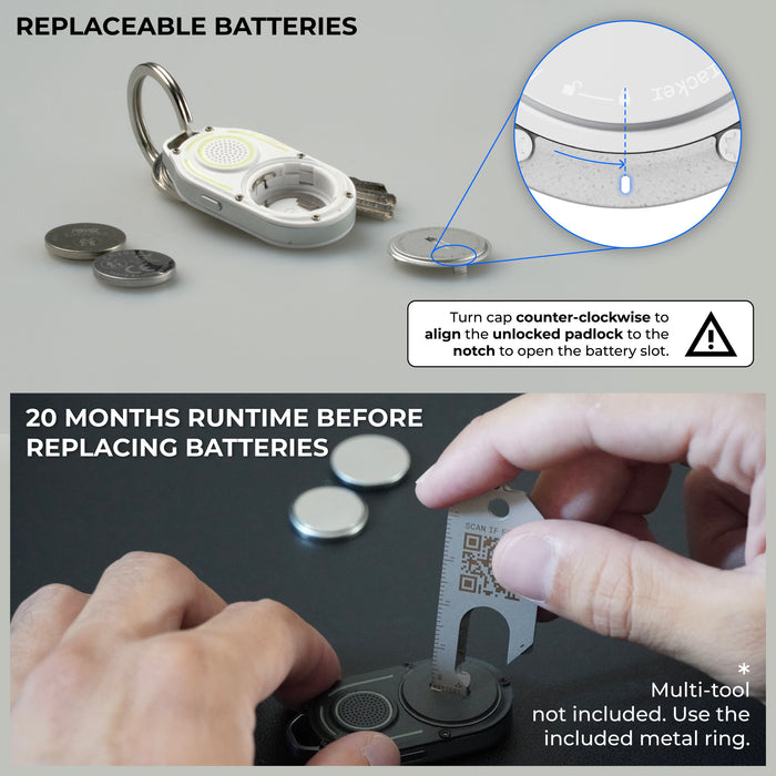 AirNotch™ Pro - Android & Apple Bluetooth tracker - Black - Apple Network - White AirNotch Pro Bluetooth tracker with removable battery and keyring, shown open with two coin batteries nearby and hand. - Rolling Square