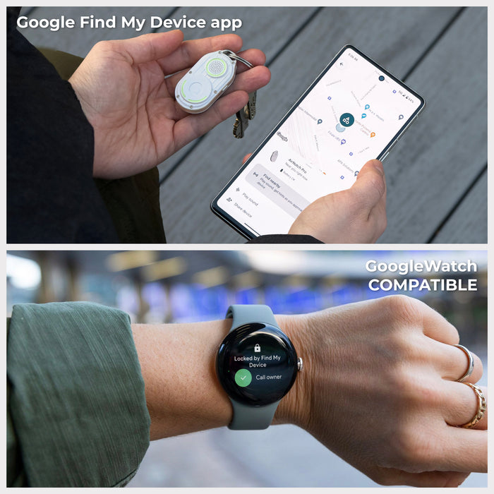AirNotch™ Pro - Android & Apple Bluetooth tracker - Black - Apple Network - White AirNotch™ Pro Bluetooth tracker held next to smartphone displaying tracking app, black smartwatch showing compatible. - Rolling Square