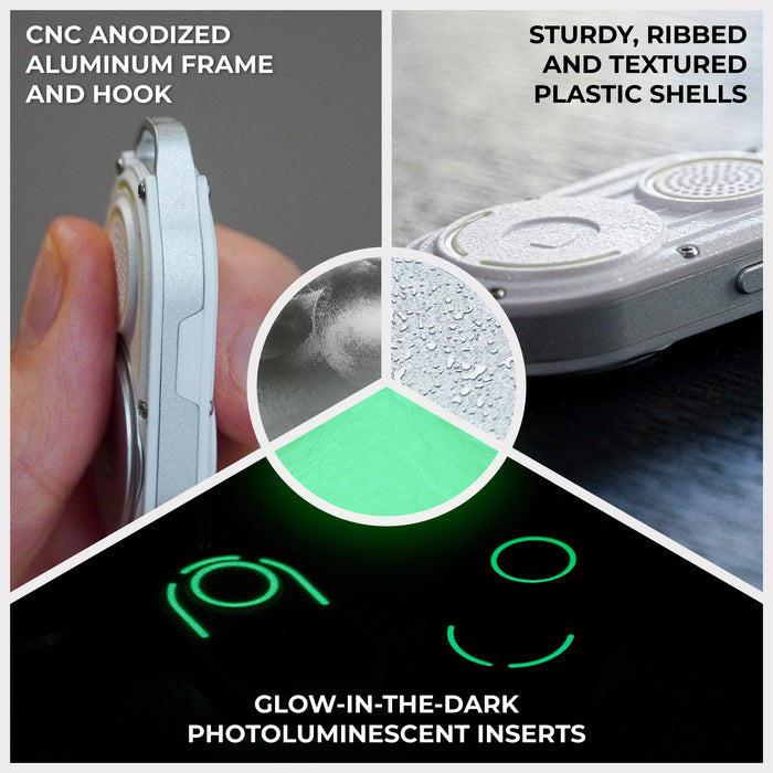 AirNotch™ Pro - Android & Apple Bluetooth tracker - Black - Apple Network - White Bluetooth tracker with ribbed textured shell, ribbed anodized aluminum frame, and glow-in-the-dark inserts. - Rolling Square