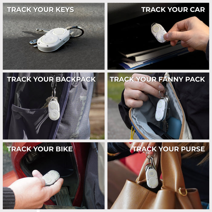 AirNotch™ Pro - Android & Apple Bluetooth tracker - Black - Apple Network - White AirNotch Pro Bluetooth tracker attached to keys, car door, backpack, fanny pack, bike, and purse for versatile tracking. - Rolling Square