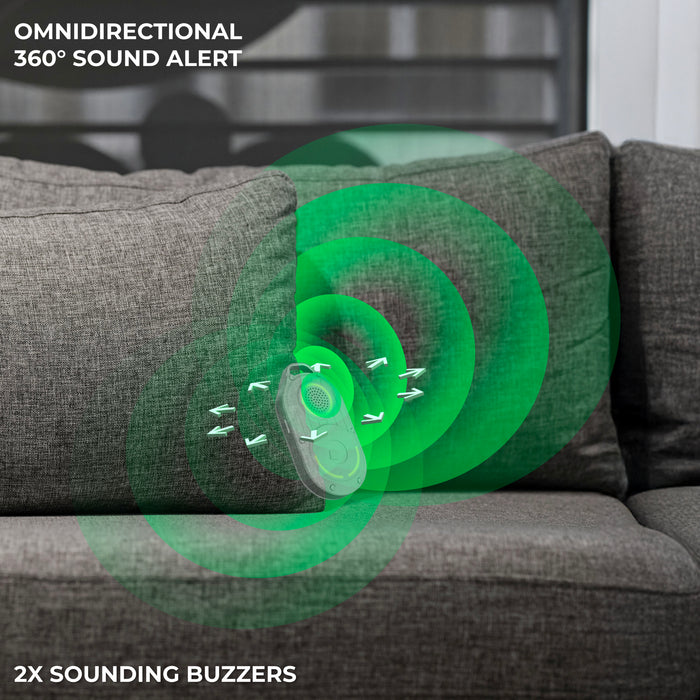 AirNotch™ Pro - Android & Apple Bluetooth tracker - Black - Apple Network - Black AirNotch Pro Bluetooth tracker on gray couch with green 360° sound alert waves. - Rolling Square