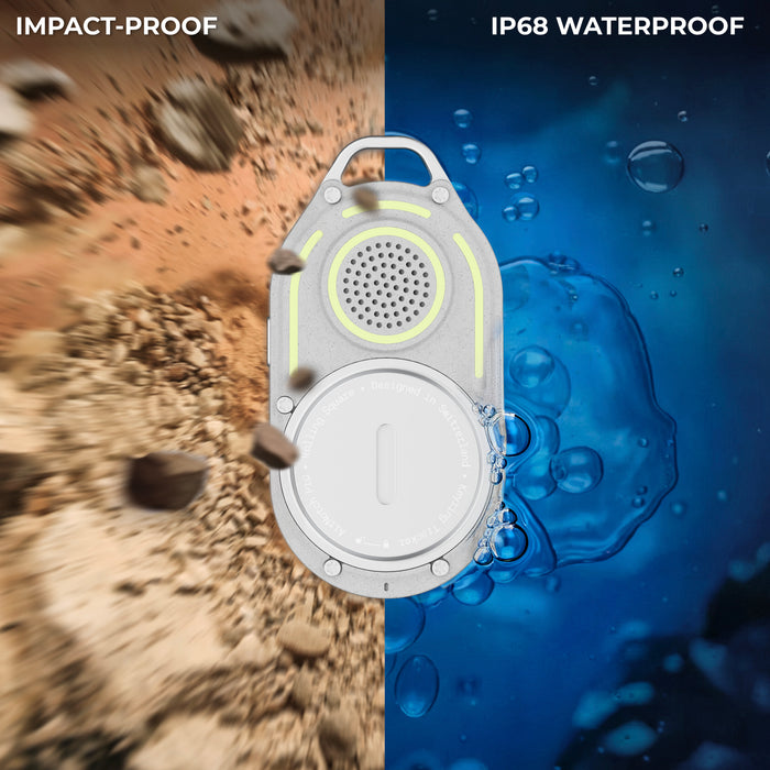 AirNotch™ Pro - Android & Apple Bluetooth tracker - Black - Apple Network - White AirNotch™ Pro Bluetooth tracker with keyring hole, shown half in water and half in dirt to highlight waterproof and. - Rolling Square