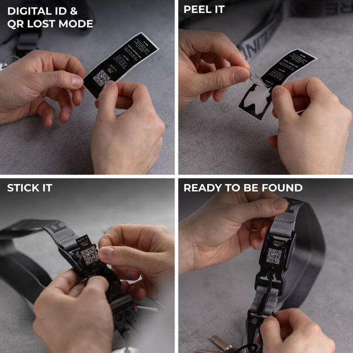 Rolling Square Lanyard - Digital ID & QR Lost Mode - Silver Fog - Black Rolling Square lanyard with digital ID display and peel-off QR code sticker application steps shown. - Rolling Square