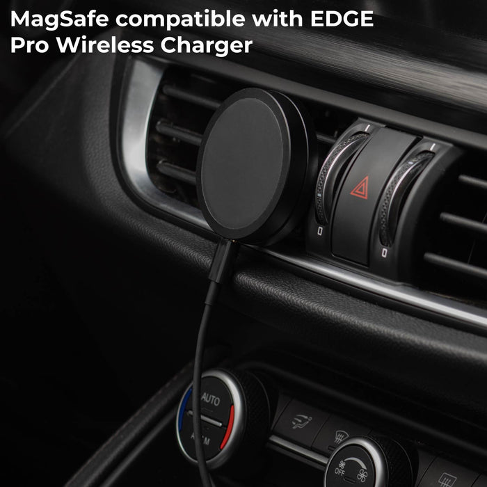 MagSafe Car Mount - MagSafe Car Mount - Black MagSafe car mount attached to car air vent with a circular wireless charger pad and cable connected. - Rolling Square