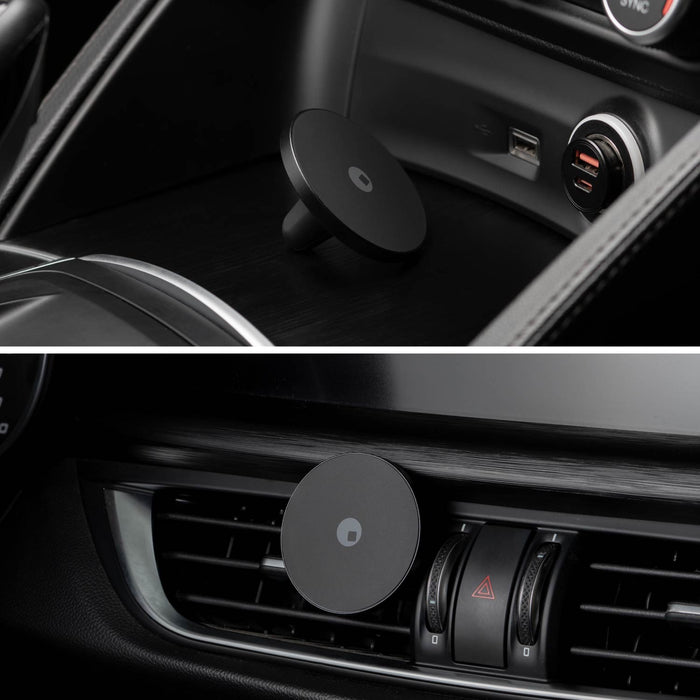 MagSafe Car Mount - MagSafe Car Mount - Black circular MagSafe car mount attached to a car air vent and resting on a dashboard compartment. - Rolling Square