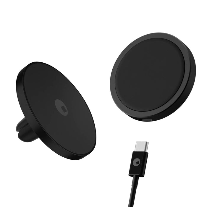 MagSafe Car Mount - MagSafe Car Mount - Black circular MagSafe car mount with vent clip and separate USB-C wireless charger pad. - Rolling Square