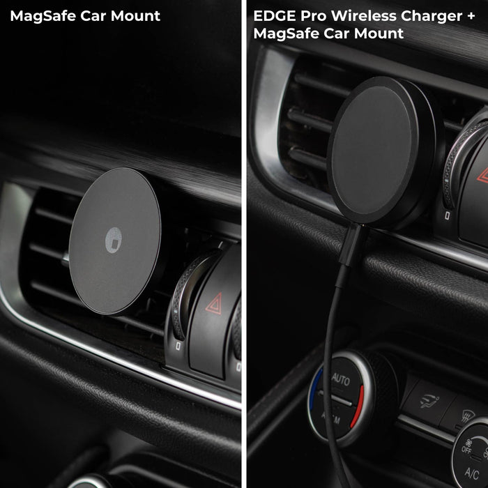 MagSafe Car Mount - MagSafe Car Mount - Black circular MagSafe car mount attached to car air vent, shown alone and paired with wireless charger and USB cable. - Rolling Square