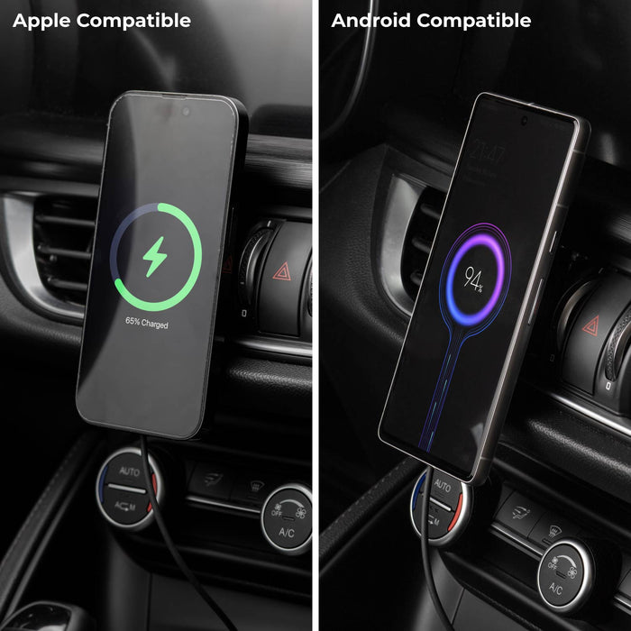 MagSafe Car Mount - MagSafe Car Mount - Black magnetic phone mount attached to car vent holding Apple and Android smartphones with charging indicators visible. - Rolling Square