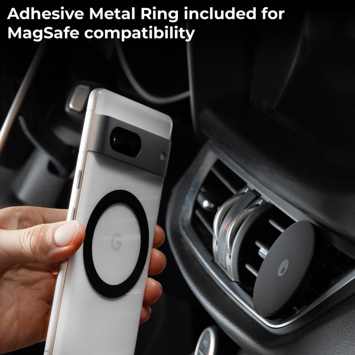 MagSafe Car Mount - MagSafe Car Mount - Black and silver MagSafe car mount attached to a car vent holding a smartphone with adhesive metal ring visible. - Rolling Square