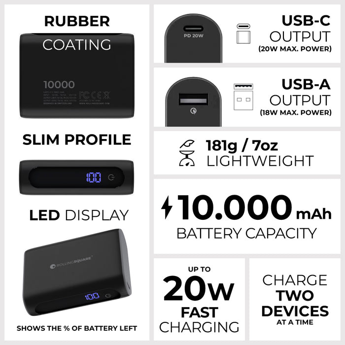Essential Power Bank - 10,000mAh capacity, on-the-go - Black - Black rectangular power bank with rubber coating, slim profile, LED battery display, and USB-C and USB-A ports. - Rolling Square