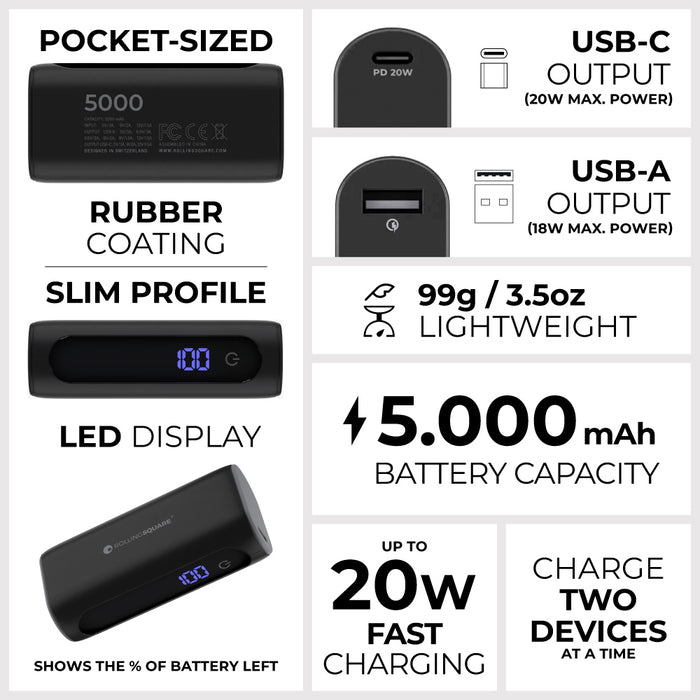 Essential Power Bank - 5,000mAh capacity, on-the-go - Black - Black slim power bank with rubber coating, LED display, and USB-C and USB-A ports. - Rolling Square