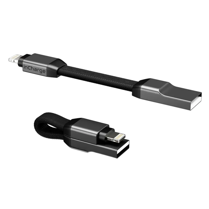 inCharge® Mini - The Smallest cable ever - USB to Lightning - Compact black inCharge Mini cable with USB-C and Lightning connectors and braided finish. - Rolling Square