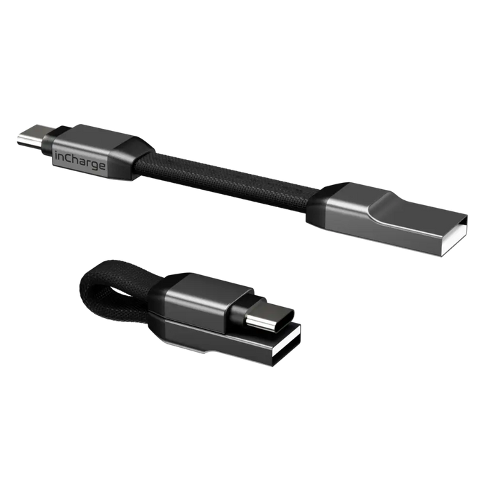 inCharge® Mini - The Smallest cable ever - USB to Lightning - Compact black charging cable with USB-C and USB connectors, braided design. - Rolling Square