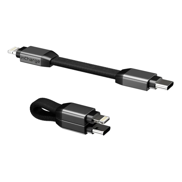inCharge® Mini - The Smallest cable ever - USB to Lightning - Black braided inCharge Mini charging cable with USB and USB-C connectors on a reflective surface. - Rolling Square