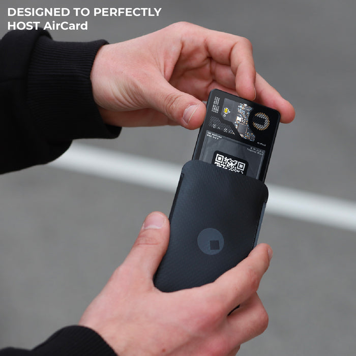 AirCard™ Pouch - Attach AirCard anywhere - Black - Black slim pouch holding a small electronic AirCard with clear QR code and label. - Rolling Square
