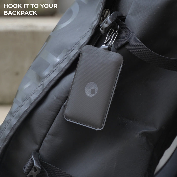 AirCard™ Pouch - Attach AirCard anywhere - Black - Black AirCard pouch attached to a backpack with a metal clip. - Rolling Square