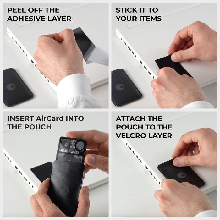 AirCard™ Pouch - Attach AirCard anywhere - Black - Black adhesive AirCard pouch with Velcro backing showing hands attaching and inserting a device. - Rolling Square