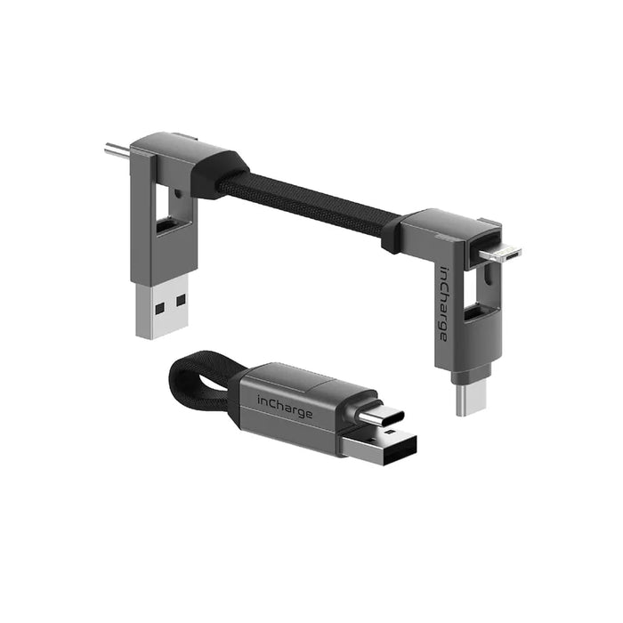 inCharge® 6 - 15W, 6in1 keyring cable - Mercury Gray - Compact black keyring cable with USB, USB-C, Lightning, and micro-USB connectors. - Rolling Square