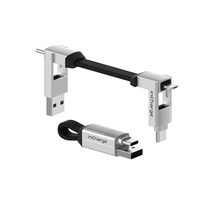 inCharge® 6 - 15W, 6in1 keyring cable - Mercury Gray - Compact black and silver multi-connector keyring charging cable with USB, Lightning, and USB-C ends. - Rolling Square