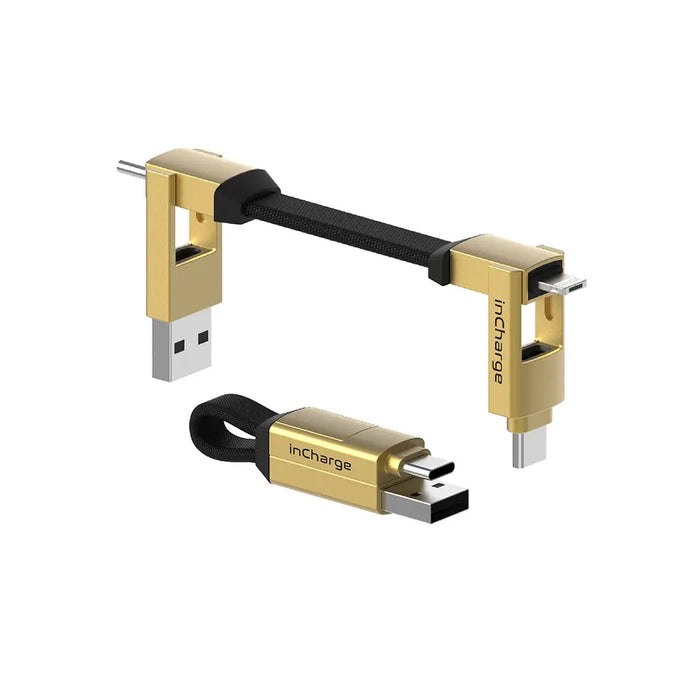 inCharge® 6 - 15W, 6in1 keyring cable - Mercury Gray - Compact Saturn Gold multi-connector keyring charging cable with USB and Lightning ends. - Rolling Square