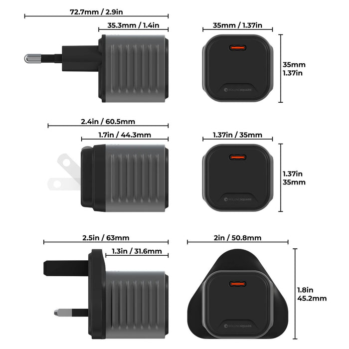 Supertiny 65W - Compact black Supertiny 65W charger with ribbed sides and orange USB-C port, shown with measurements for US, EU, and UK plug . - Rolling Square