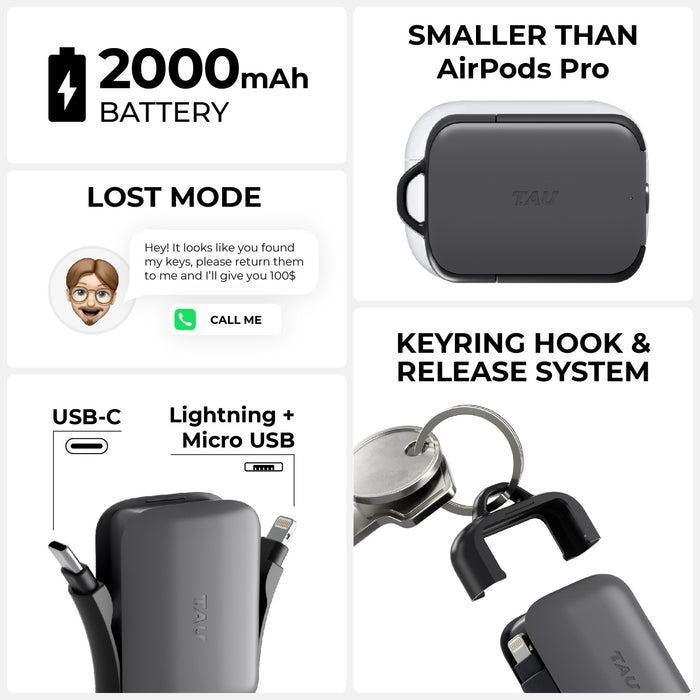 TAU® 2 - Emergency keyring power bank - Mercury Black - Compact dark gray power bank with 2000mAh battery, keyring hook, and multi-port cables. - Rolling Square