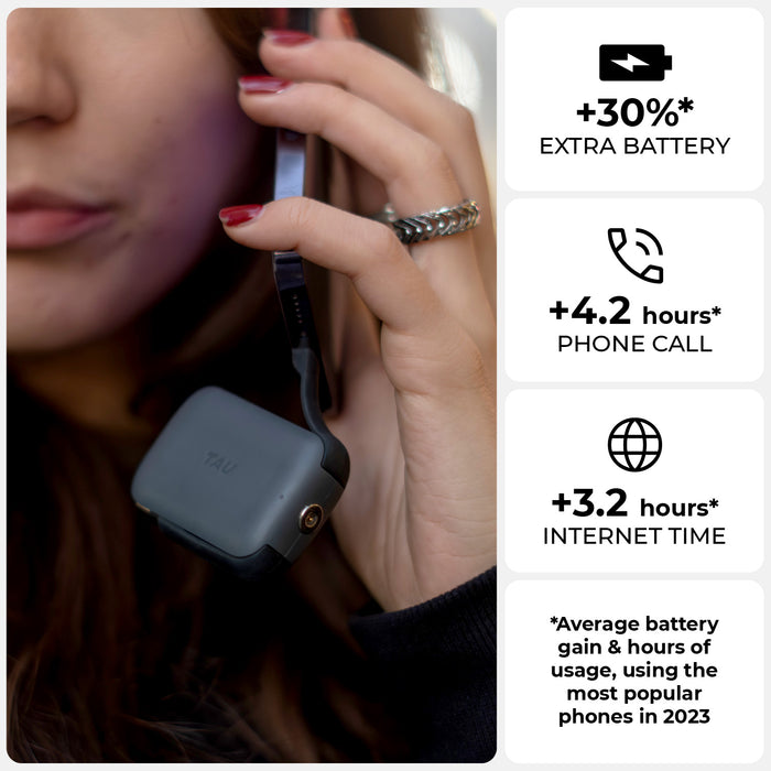 TAU® 2 - Emergency keyring power bank - Mercury Black - Compact charcoal black keyring power bank held near face with silver ring on hand. - Rolling Square