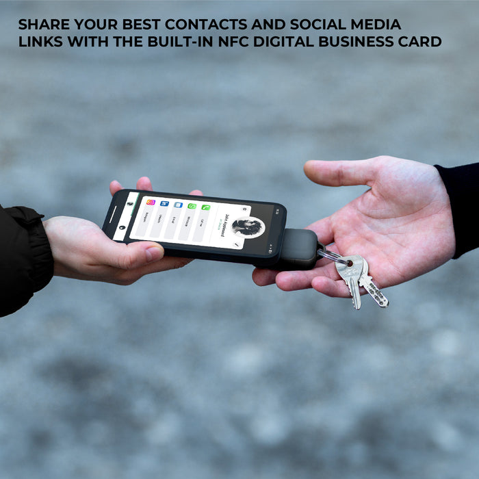 TAU® 2 - Emergency keyring power bank - Mercury Black - Compact black emergency keyring power bank with built-in NFC digital business card feature, attached to keys. - Rolling Square