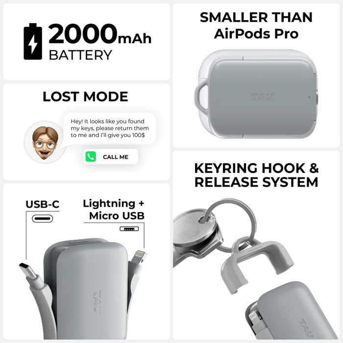 TAU® 2 - Emergency keyring power bank - Mercury Black - Compact white TAU® 2 power bank with keyring hook and release system, smaller than AirPods Pro. - Rolling Square