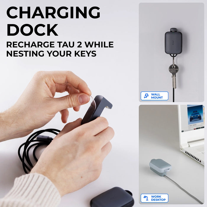 TAU® 2 - Emergency keyring power bank - Mercury Black - Compact black charging dock with attached cable, shown held in hands near wall and laptop charging setups. - Rolling Square