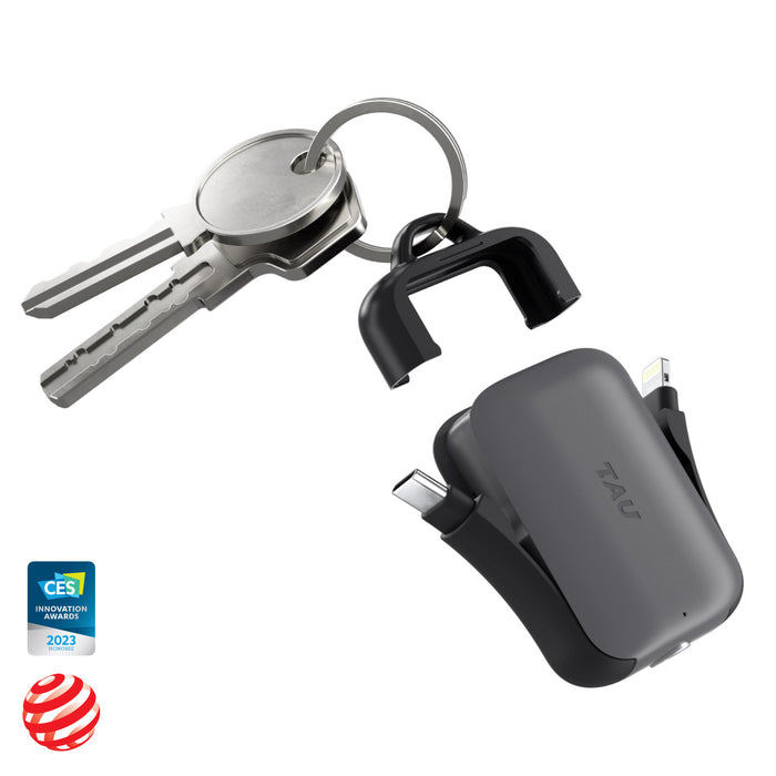 TAU® 2 - Emergency keyring power bank - Mercury Black - Compact charcoal black emergency keyring power bank with integrated charging cables attached to a keyring with two keys and. - Rolling Square