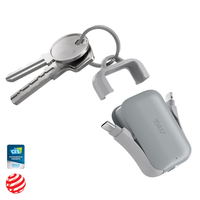 TAU® 2 - Emergency keyring power bank - Mercury Black - Compact gray keyring power bank with built-in USB, USB-C, and Lightning connectors attached to keys. - Rolling Square