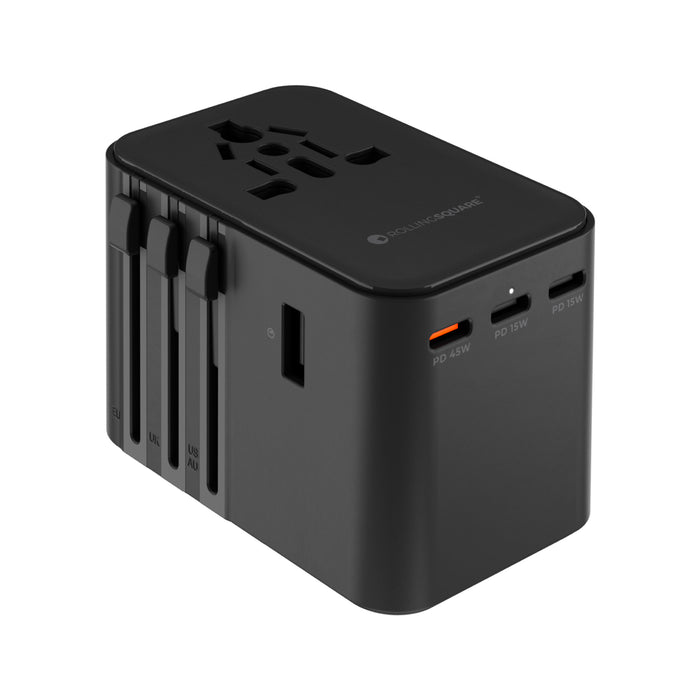 Travel Adapter Quick Charger - 45W - Compact black travel adapter and quick charger with multiple plug types and USB-C, USB-A ports, 45W power. - Rolling Square